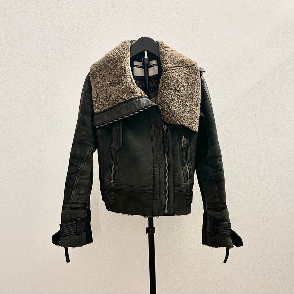 Vintage Topshop Sheepskin Shearling Leather Fur Black Biker Jacket Coat Size 2